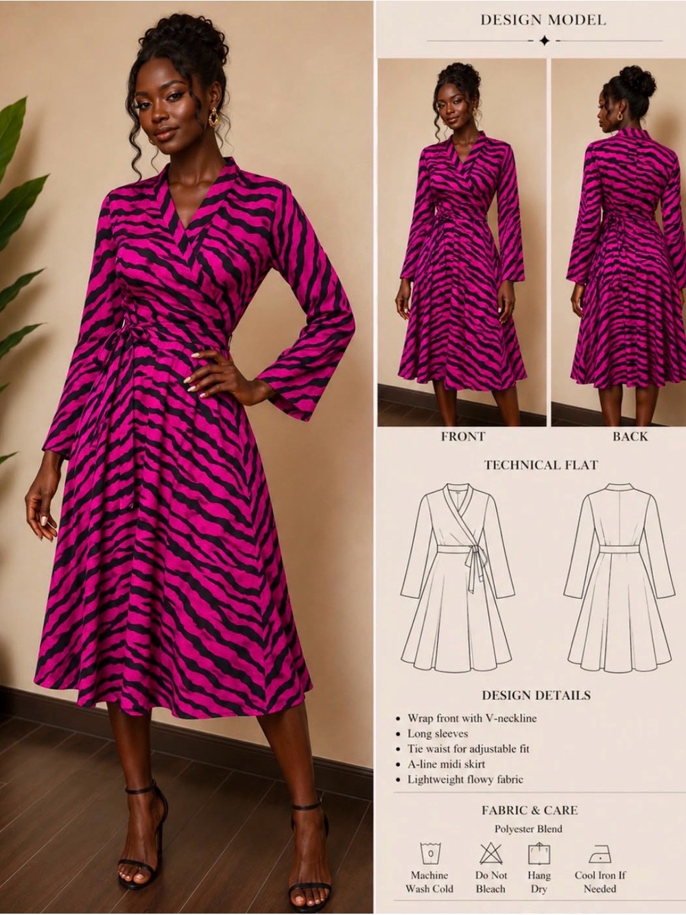 Fuchsia Zebra-Print Wrap Midi Dress with Tie Waist